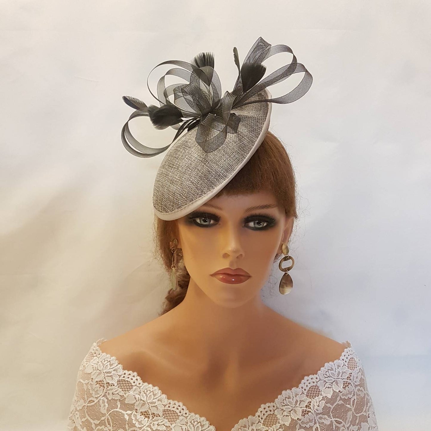 GREY & BLACK feather HAT Fascinator Crinoline loops  feather hat Mother of bride , Groom hat Wedding  Races Ladies Cocktail fascinator hat