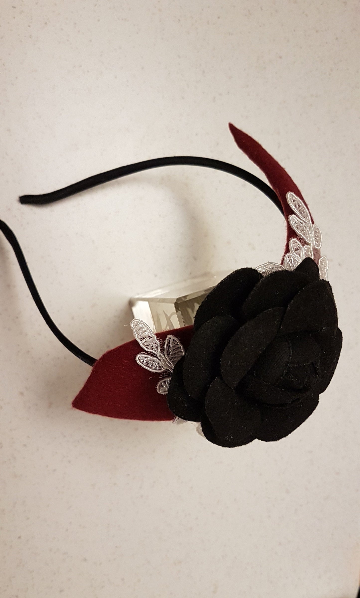 MAROON FASCINATOR, Modern Felt fascinator with BLACK Rose #Maroon fascinatorHeadband Felt Rose flower. Cocktail,Ladies day,Wedding Hairpiece