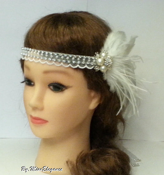 1920s 40s  boho Gatsby flapper headband Headpiece, Bridal White or Ivory fascinator with Crystal Beaded lace and Ostritch fringe Feather