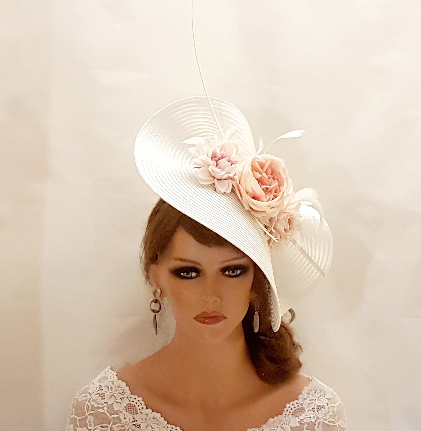 White & Pink fascinator Hat. Large saucer hatinator Quil Floral Church Derby Ascot Race Wedding TeaParty hat Mother of Bride/Groom Hatinator-EleganceFascinator