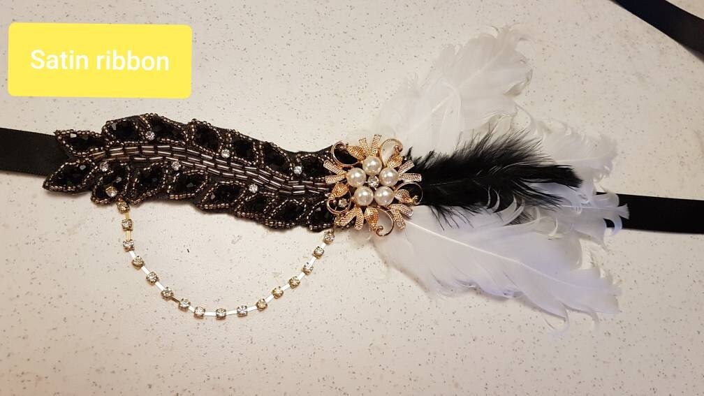 1920s Flapper Headpiece, Gatsby Headband, Crystal Bead Great Gatsby Headband, Vintage 1920s-40s sparkly headband, Gatsby black gold headband