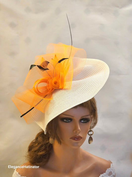 White / ORANGE fascinator large saucer hatinator Feather Church Derby Royal Ascot Hat Race Wedding Party hat Mother of Bride/Groom Hatinator