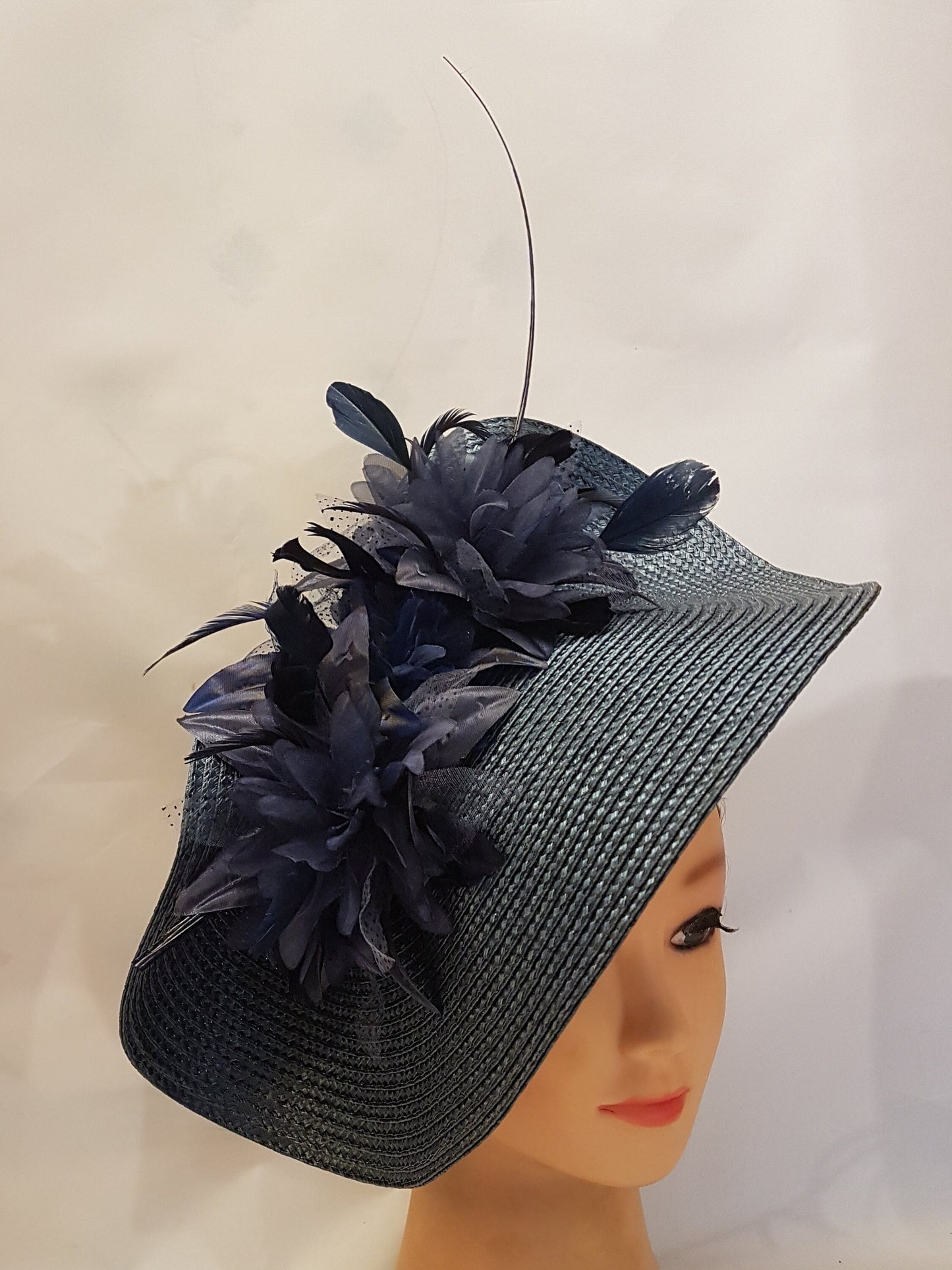 Fascinator NAVY BLUE large saucer hat fascinator Long Quilfeather Floral Church Derby Ascot Race Wedding hat Mother of Bride/Groom Hatinator