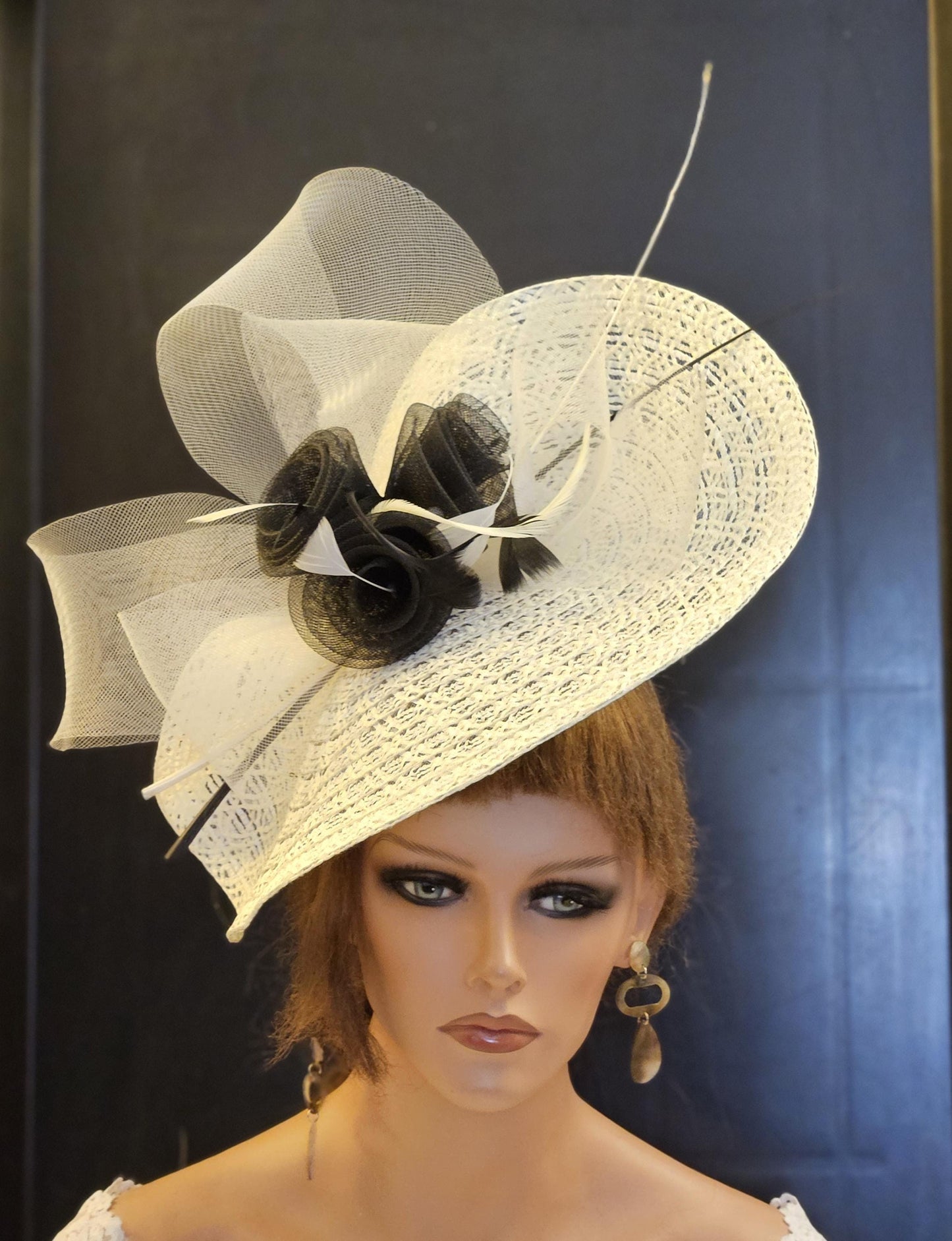 Ivory & Black fascinator large  hatinator Feather Floral Church Derby Royal Ascot Hat Race Wedding Party hat Mother of Bride/Groom Hatinator