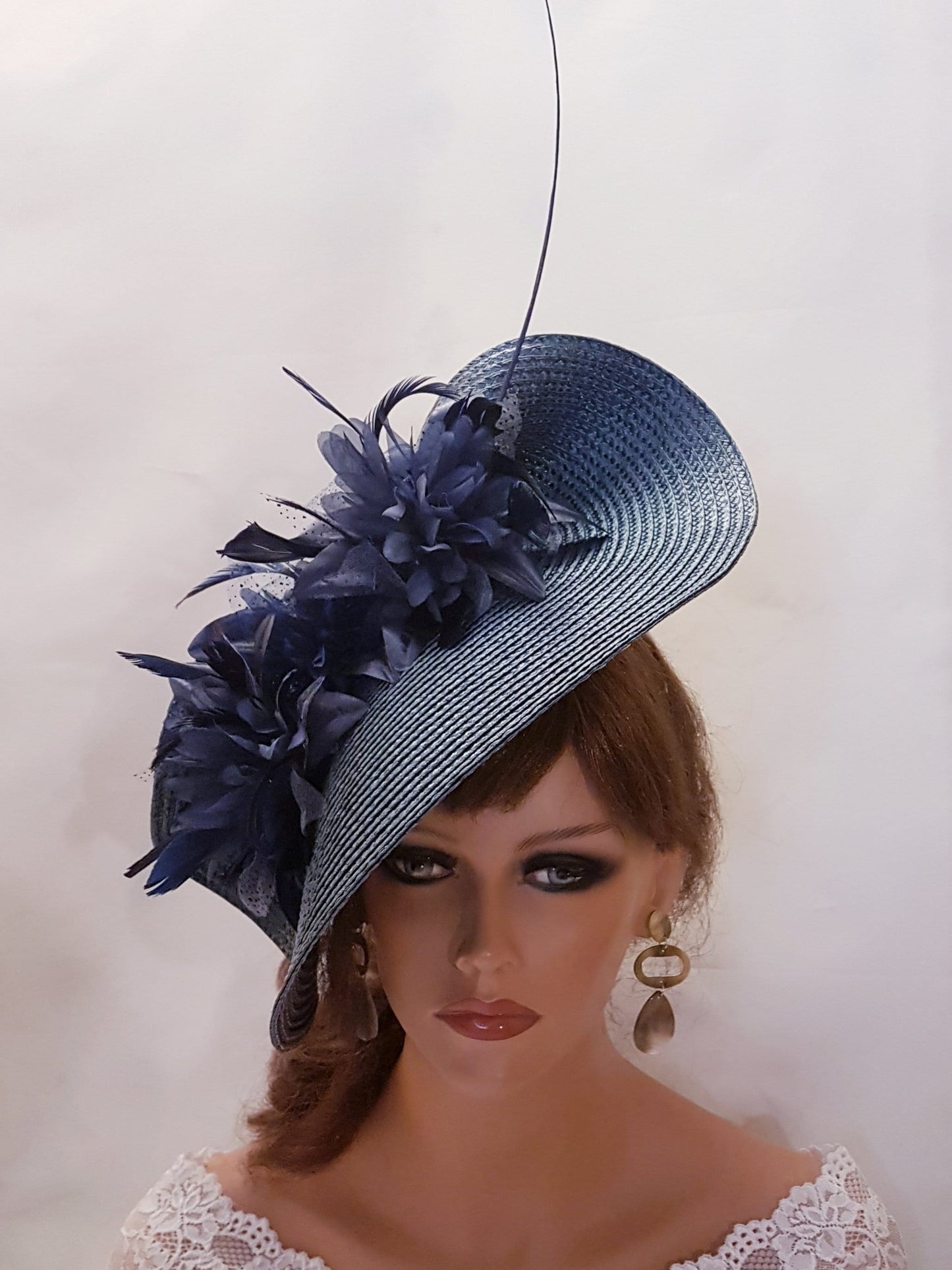 Fascinator NAVY BLUE large saucer hat fascinator Long Quilfeather Floral Church Derby Ascot Race Wedding hat Mother of Bride/Groom Hatinator