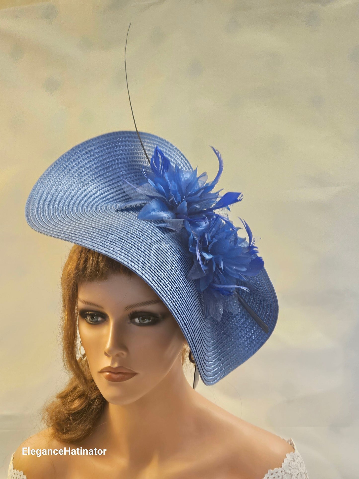 ROYAL BLUE Mother of Bride/Groom Fascinator Hat large saucer hatinator long Quil Floral Church Derby Ascot Wedding TeaParty hat-EleganceFascinator