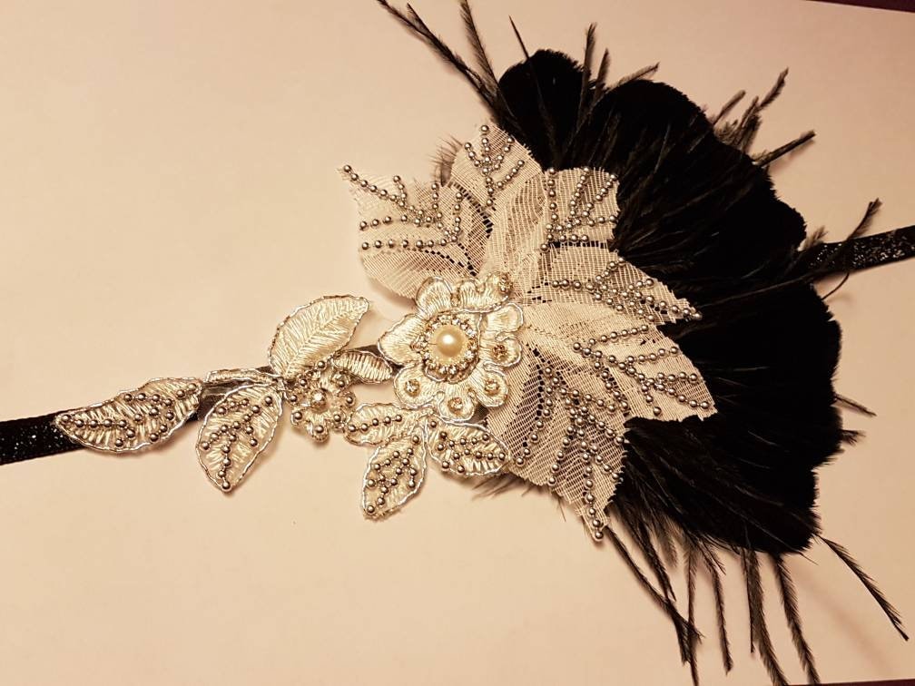 Bandeau Gatsby, coiffe Flapper des années 1920, fascinateur de mariage, bandeau en plumes Gatsby en perles de cristal, bandeau bohème scintillant des années 1920 et 40