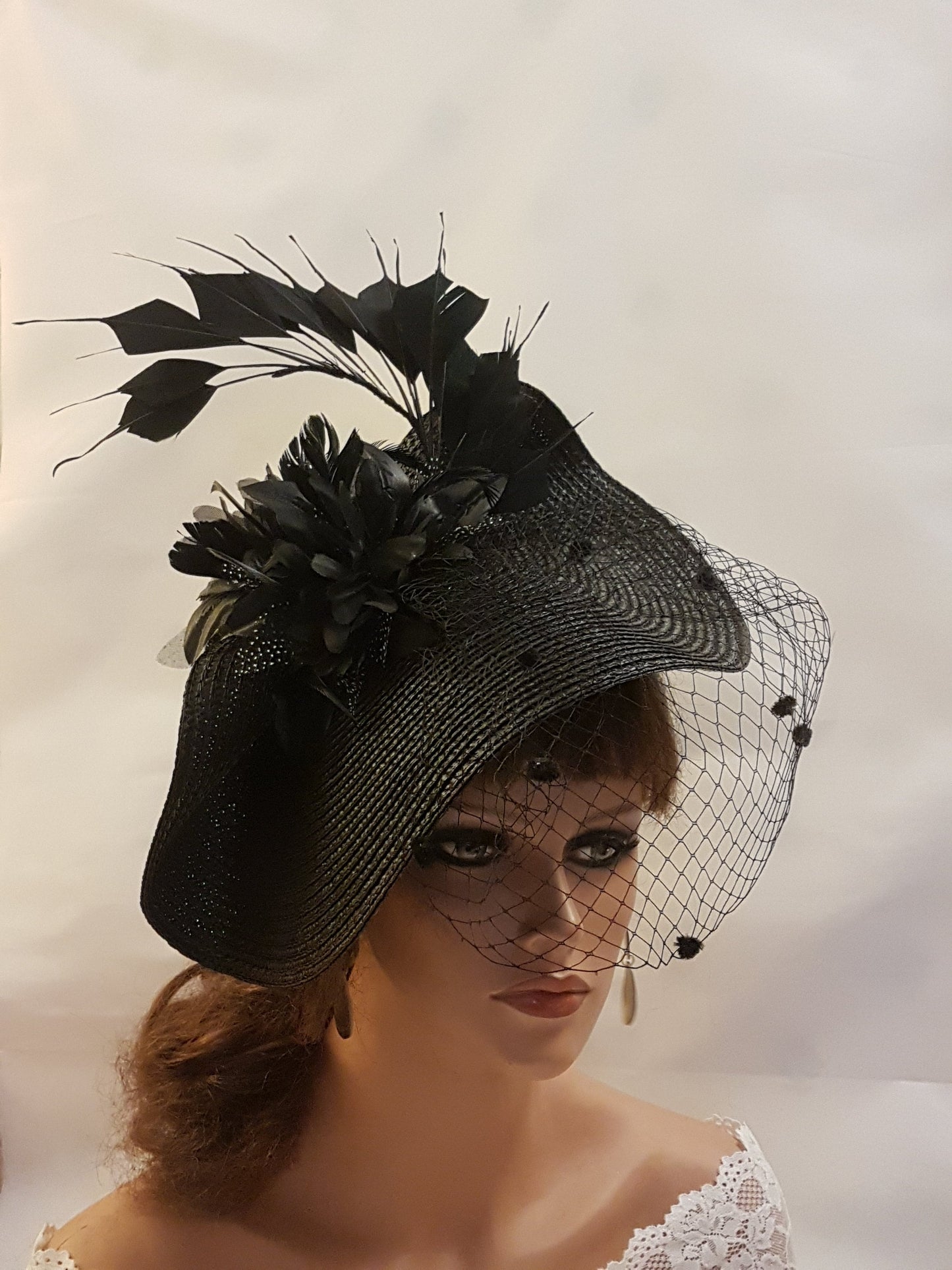 Black Fascinator Hat with Feathers,Flowers.Headwear for Weddings & Races,Halloween,Ladies Headpiece Perfect for Special Occasions and Events