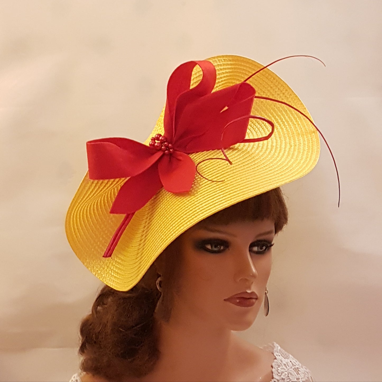 YELLOW & RED  facinator Hat Large saucer hatinator long quil Floral Church Derby Ascot Wedding TeaParty hat Mother of Bride/Groom Hatinator