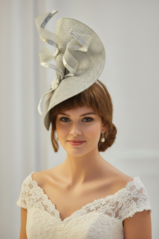  elegant light beige fascinator hat with sculpted ribbons and a wide brim