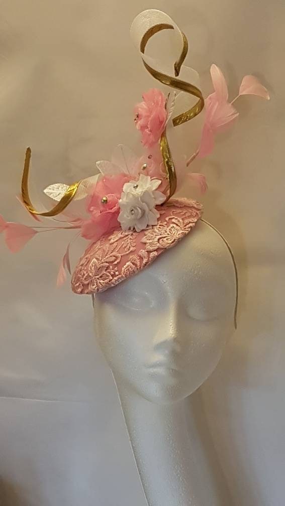 PINK HAT FASCINATOR  #Pink hat with Gold edge swirl Kentucky derby  Ascot hat fascinator Wedding, Race, Cocktail hat Church hat fascinator