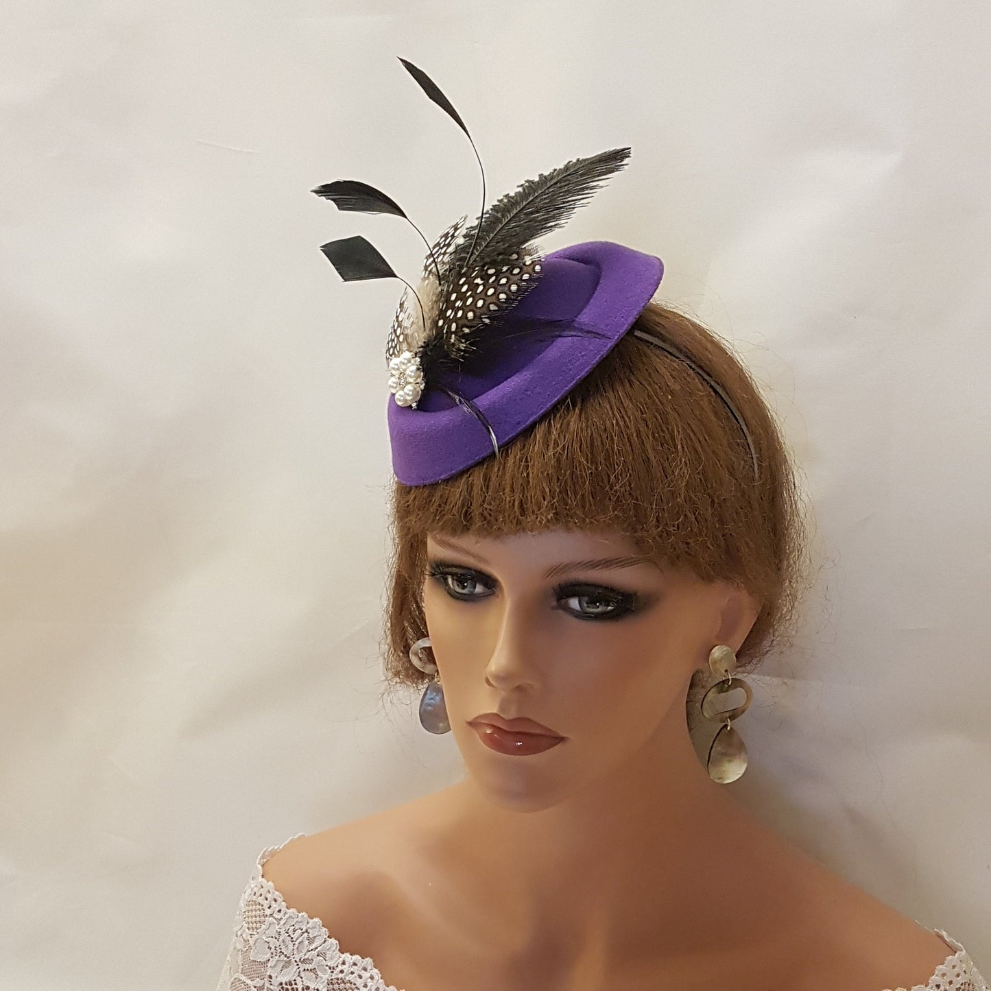 Purple Fascinator Hat Feathers & Pearl,Church,Special Occasion Women's Headpiece Handmade with Black Speckled Feathers Weddings Royal Ascot