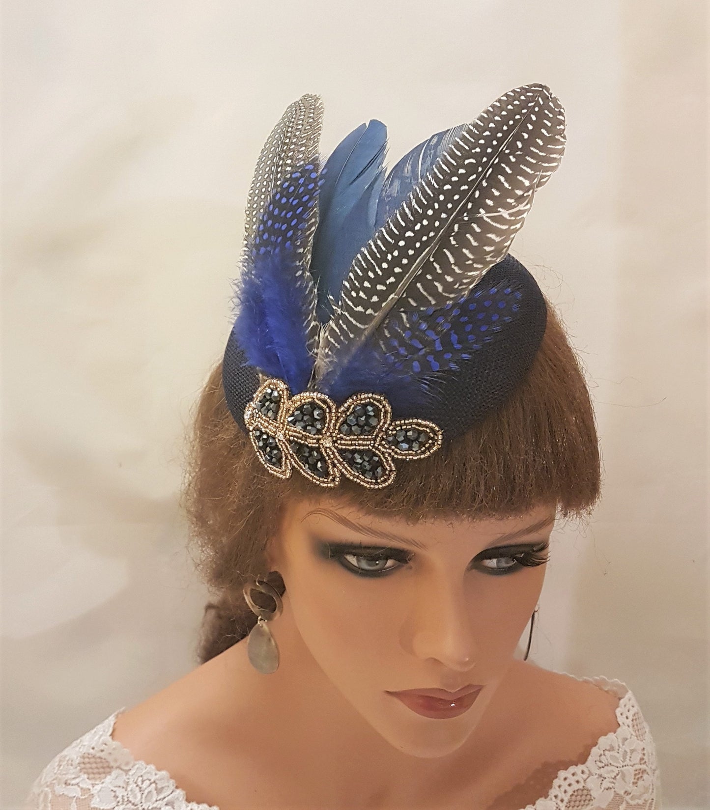 NAVY HAT FASCINATOR #Navy Blue Feather Hat Fascinator Sparkly Crystal Beads Jewel Gatsby headpiece Race Cocktail Ladies Ascot Hat Fascinator