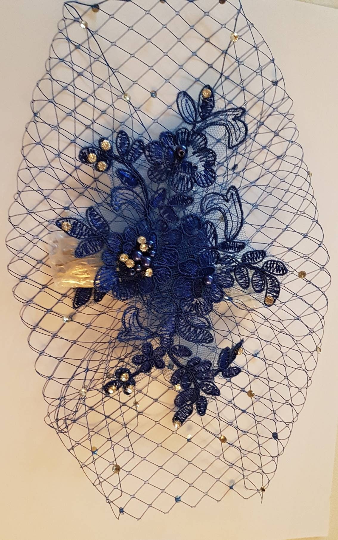 Birdcage veil, BLUE Bridal Lace fascinator,Diamonte Pearl Blusher veil, Wedding hair accessory Bridal Headdpiece Bridal birdcage face veil