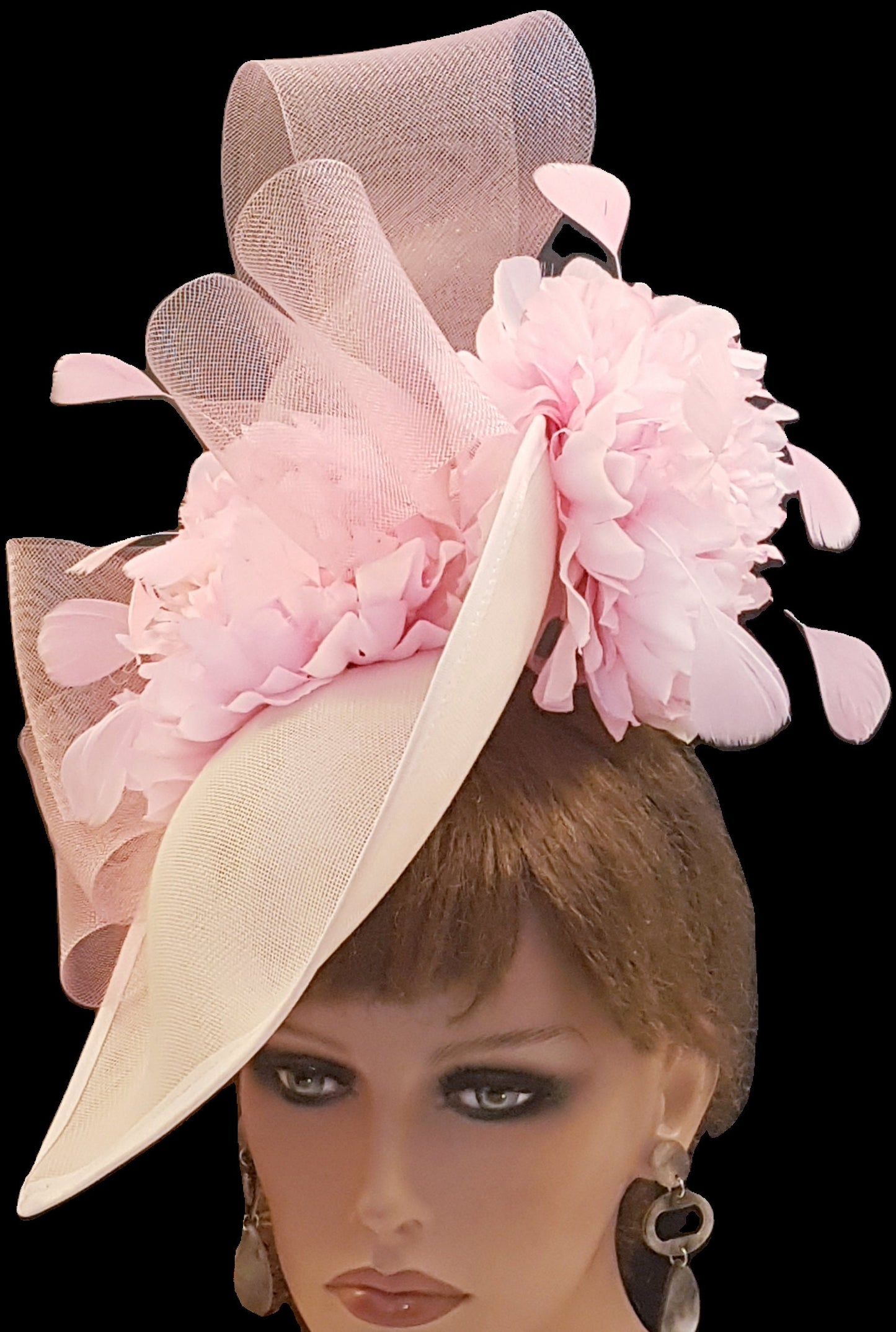 White & Pink Hat Fascinator Large hatinator with Feathers. Floral Church Derby Ascot  Race Wedding Party hat Mother of Bride/Groom- EleganceFascinator