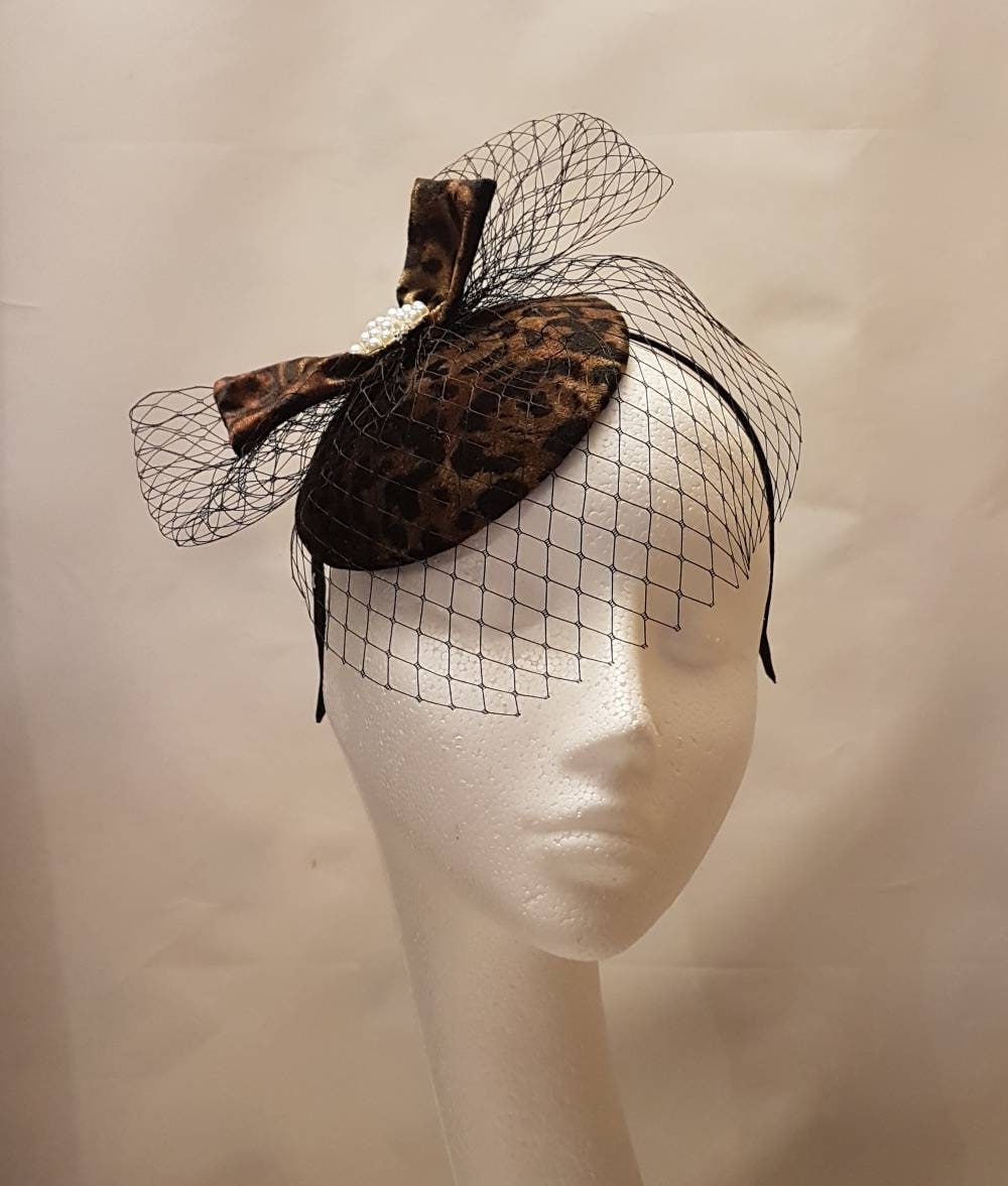 FASCINATOR,Animal print Hat fascinator #Brown Black hat Race,Cocktail hat,Ladies day,Ascot hat,Brown mini birdcage veil hat fascinator