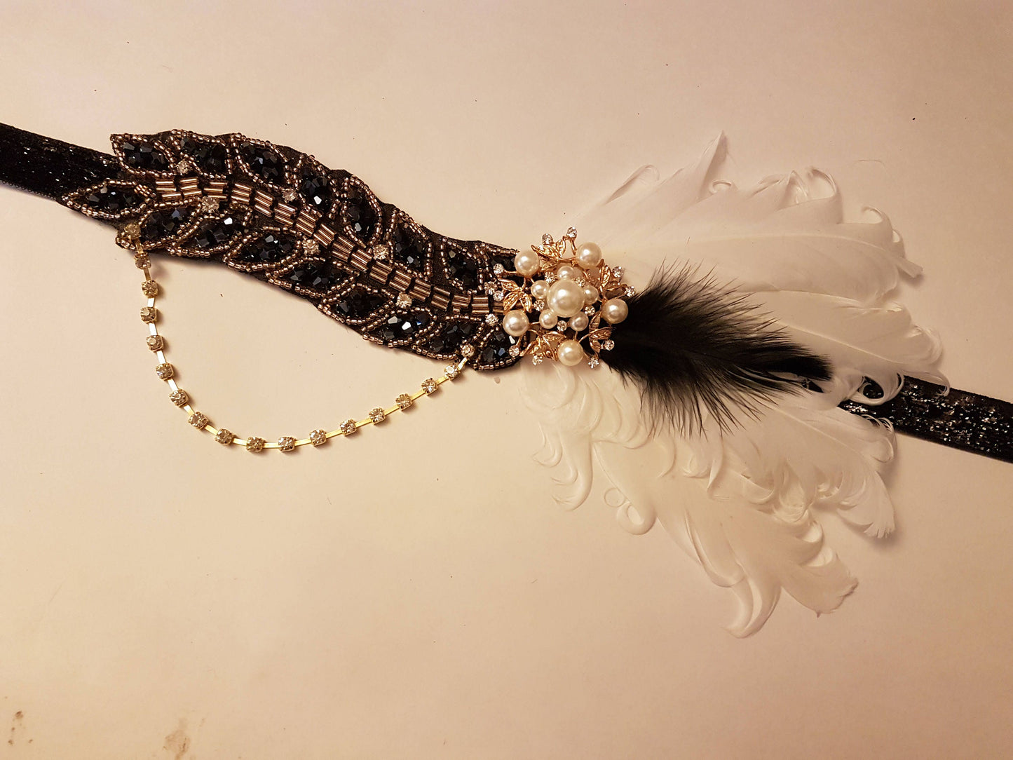 1920s Flapper Headpiece, Gatsby Headband, Crystal Bead Great Gatsby Headband, Vintage 1920s-40s sparkly headband, Gatsby black gold headband