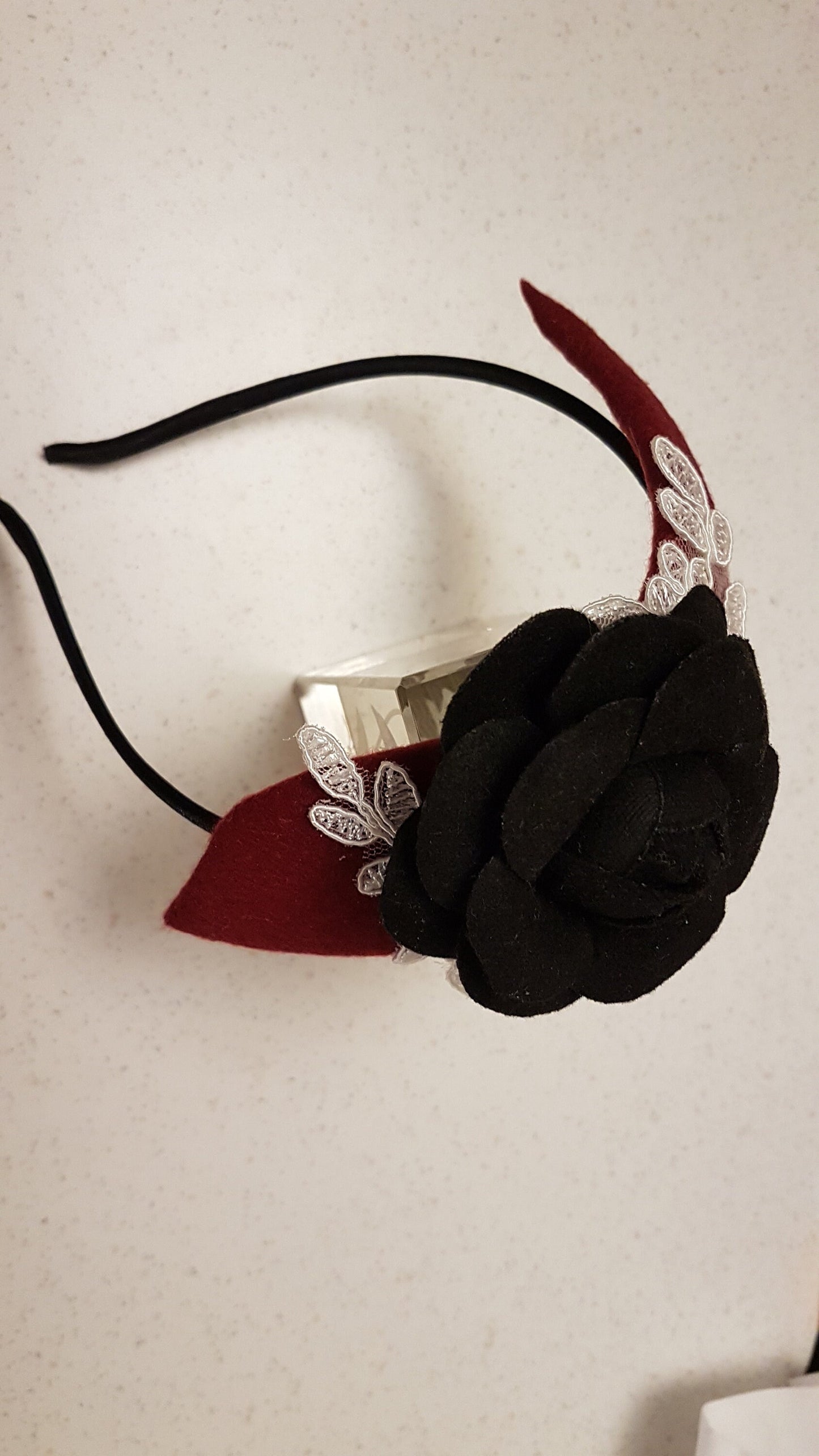 MAROON FASCINATOR, Modern Felt fascinator with BLACK Rose #Maroon fascinatorHeadband Felt Rose flower. Cocktail,Ladies day,Wedding Hairpiece