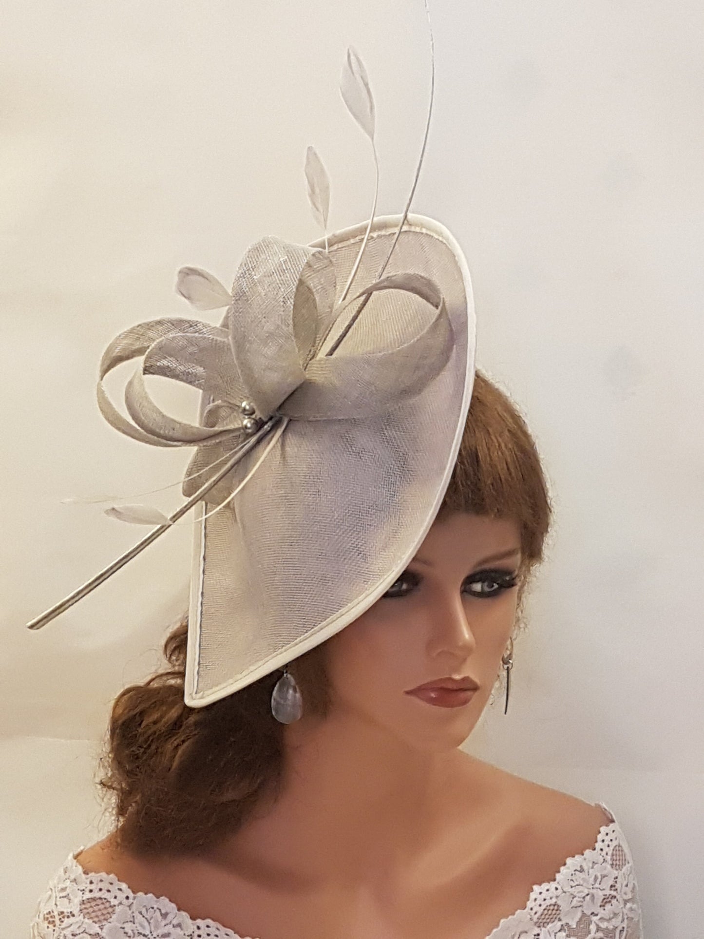 Pale Grey fascinator large Tear drop hatinator long Quil Floral Church Derby, Ascot,  Wedding Party hat Mother of Bride/Groom Hatinator