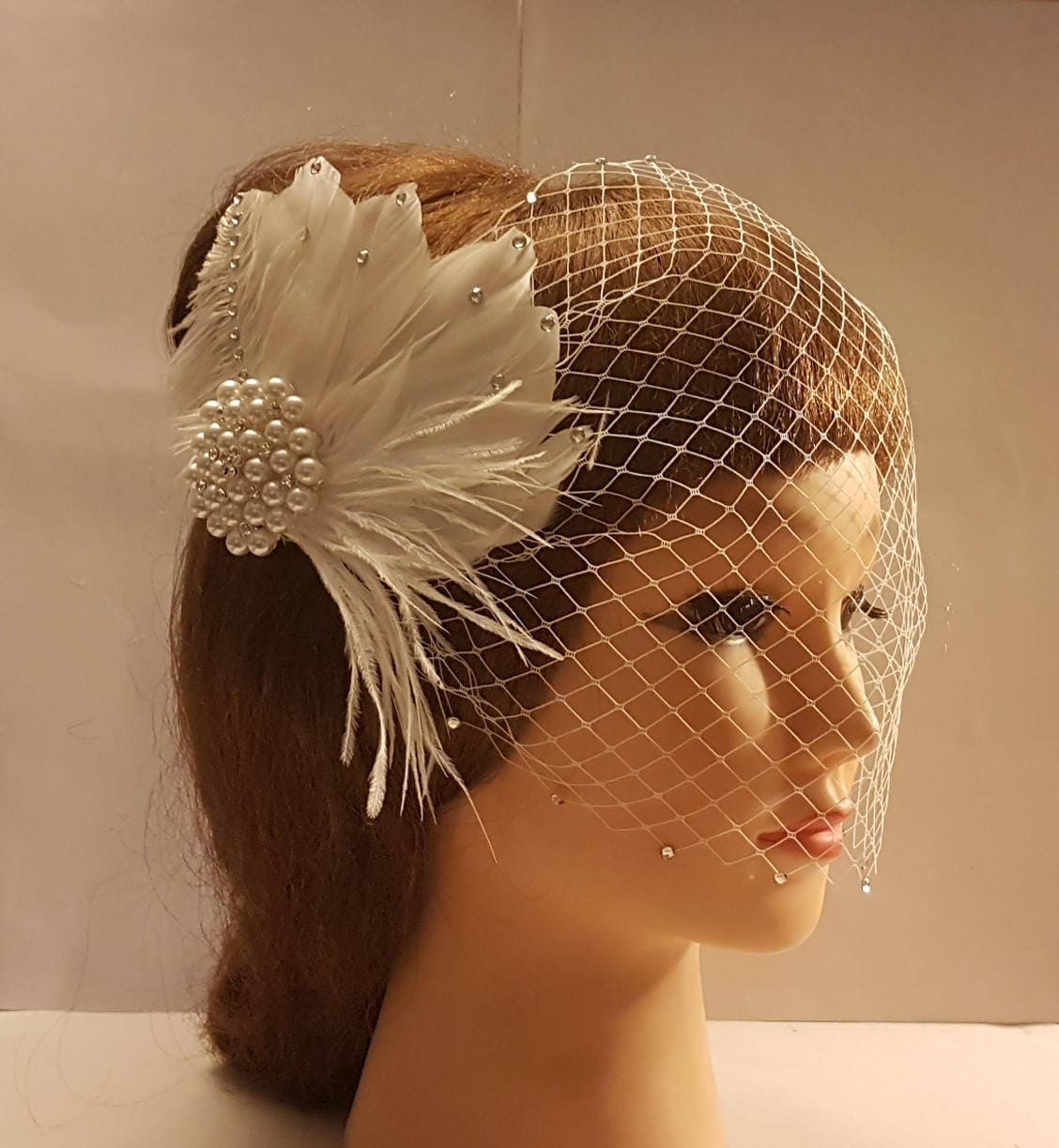 Bridal Birdcage veil Feather fascinator-EleganceFascinator