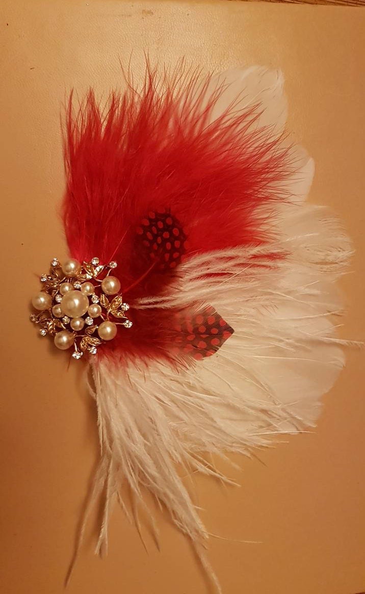 Feather Hair Clip Gatsby Feather Fascinator Feather Hair Piece,Wedding Hair Accessory Gold tone jewel  Red feather fascinator Cocktail clip