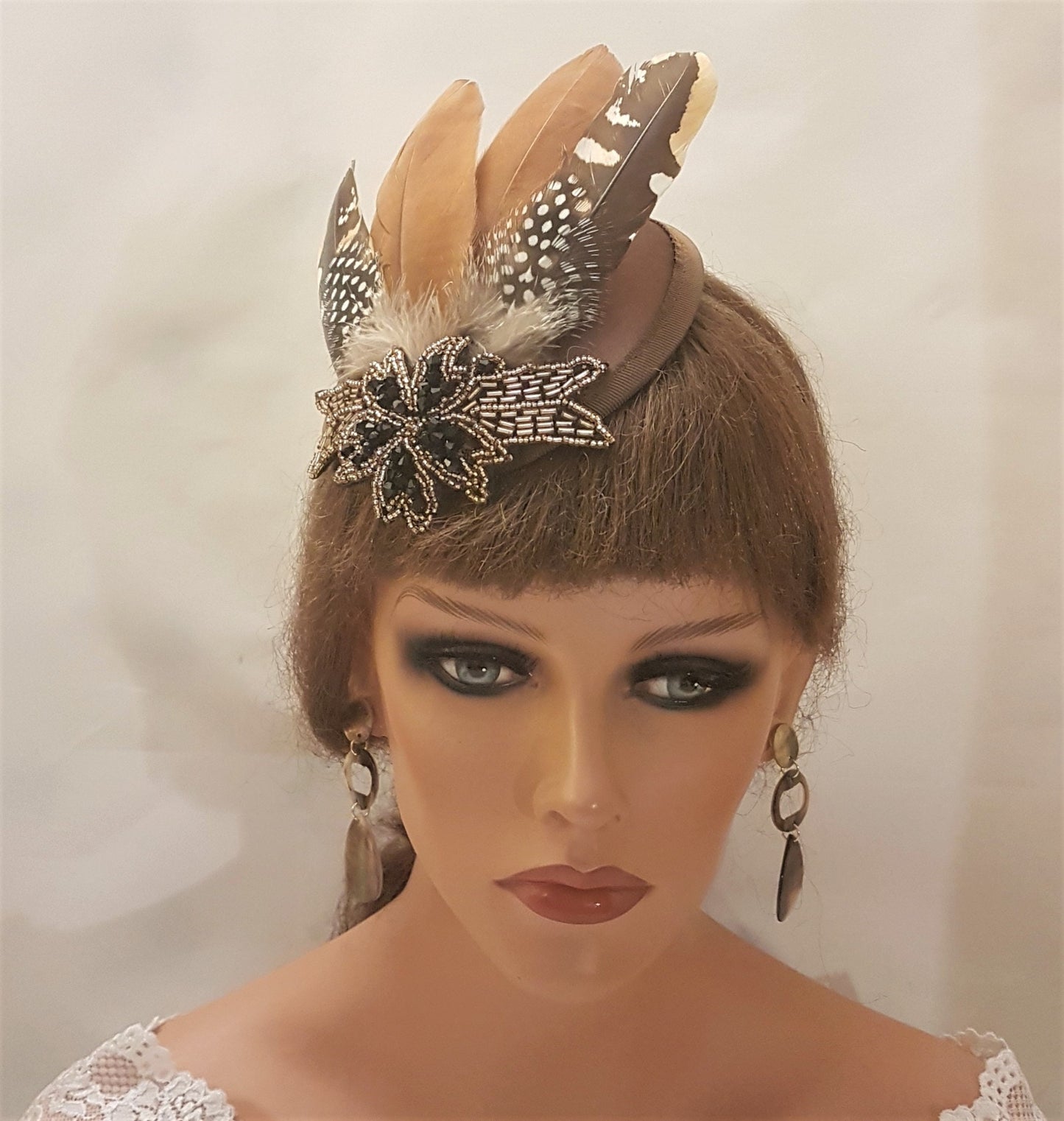 BROWN HAT FASCINATOR #Hat Fascinator. Crystal Beads jewel and Brown Feather Hat Fascinator, Race, Cocktail Ladies day, occasion pilllbox hat