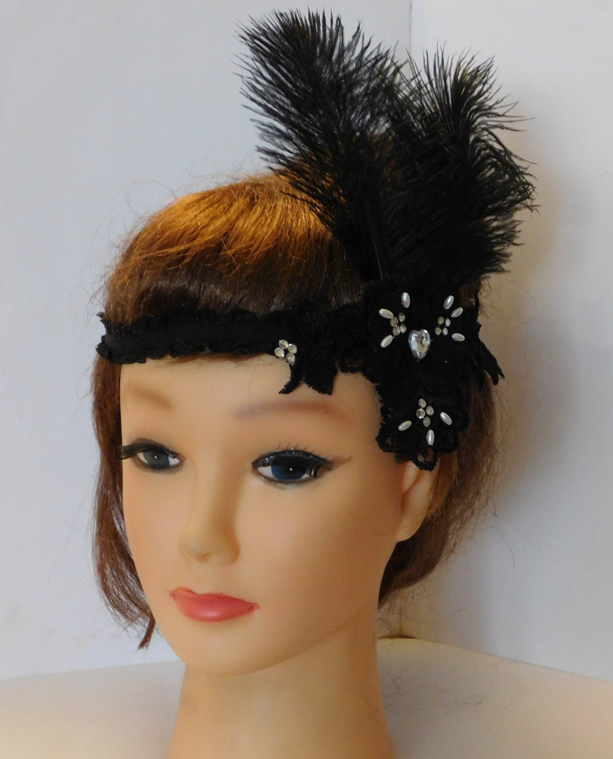 Great Gatsby Headband, Black Feather Flapper Headpiece, Crystal & Pearl 1920s Headpiece