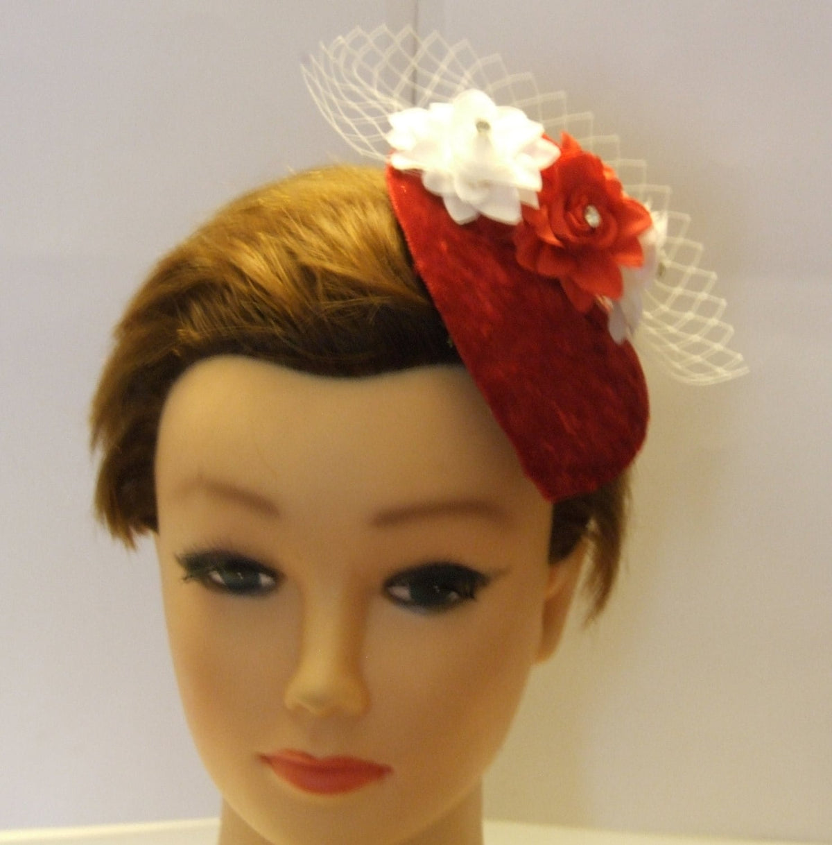Vintage Red Velvet Teardrop Fascinator: Feather Flower Cocktail Hat