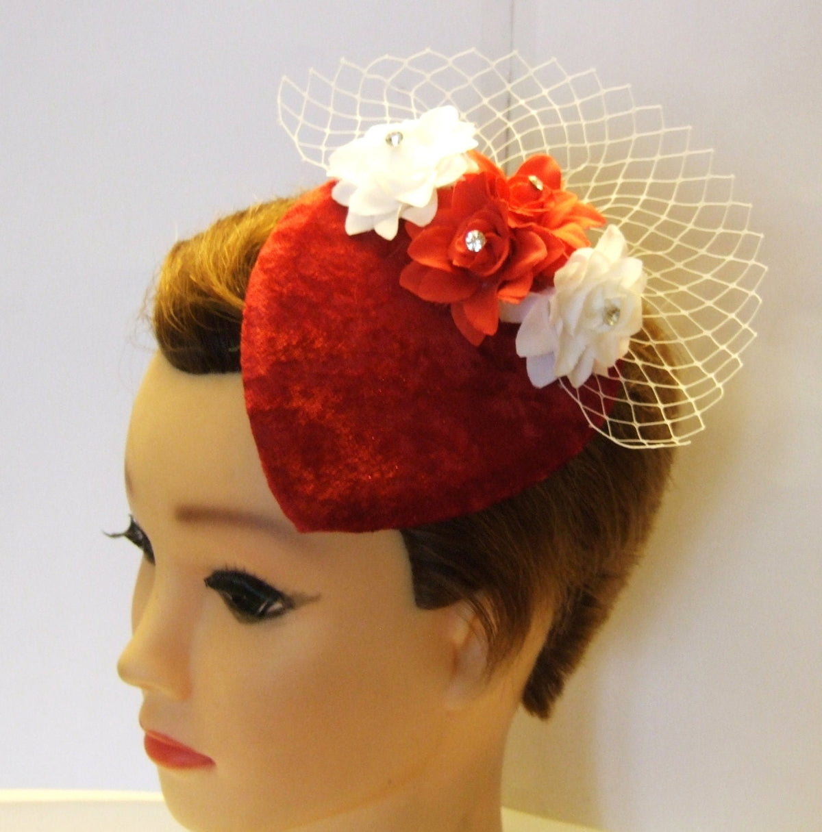 Vintage Red Velvet Teardrop Fascinator: Feather Flower Cocktail Hat