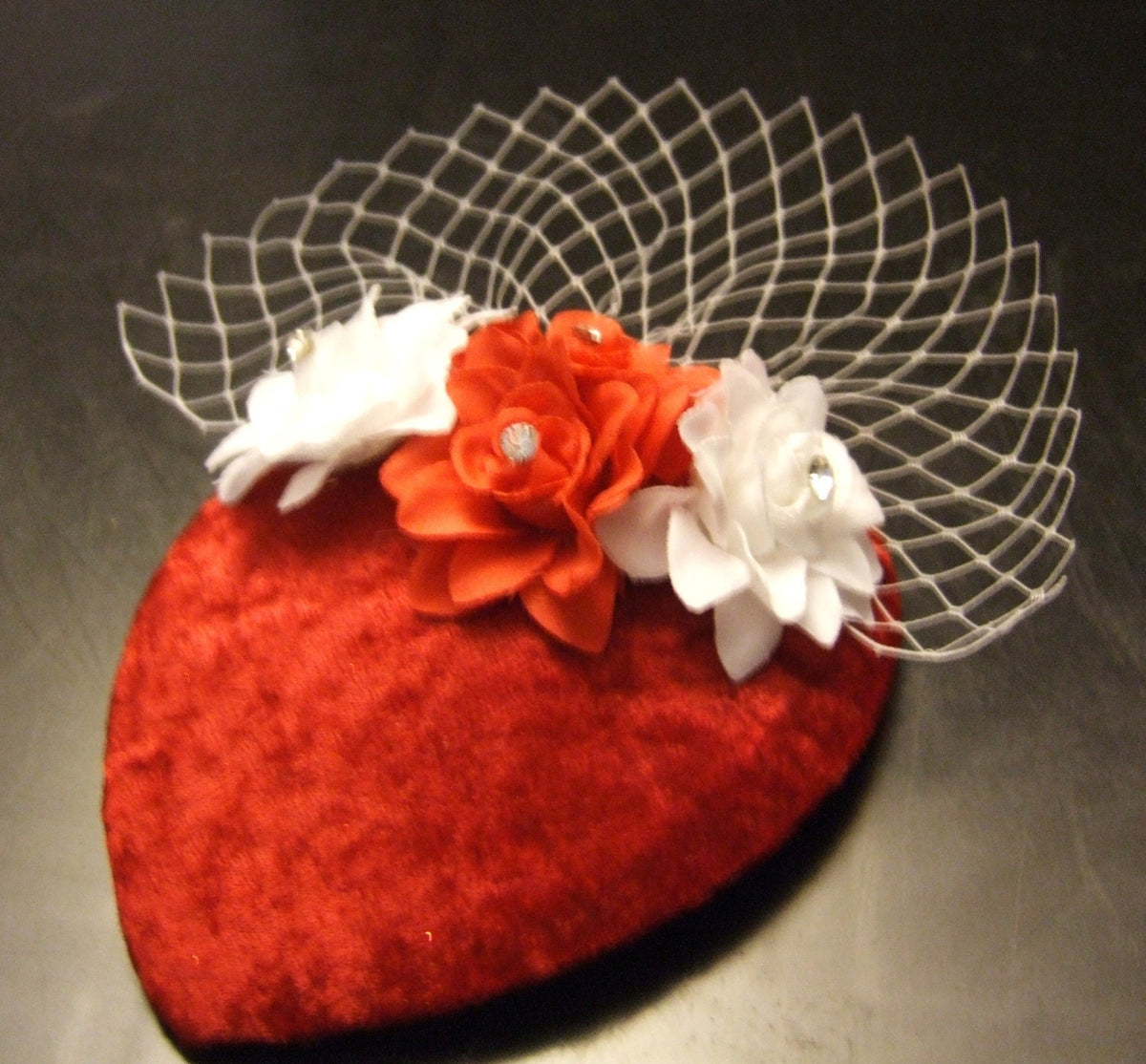 Vintage Red Velvet Teardrop Fascinator: Feather Flower Cocktail Hat