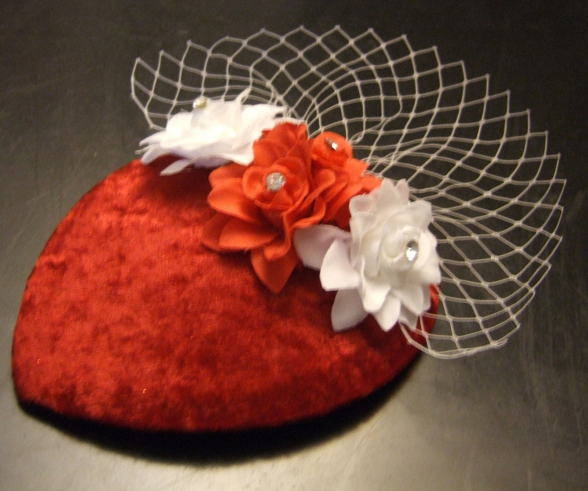 Vintage Red Velvet Teardrop Fascinator: Feather Flower Cocktail Hat