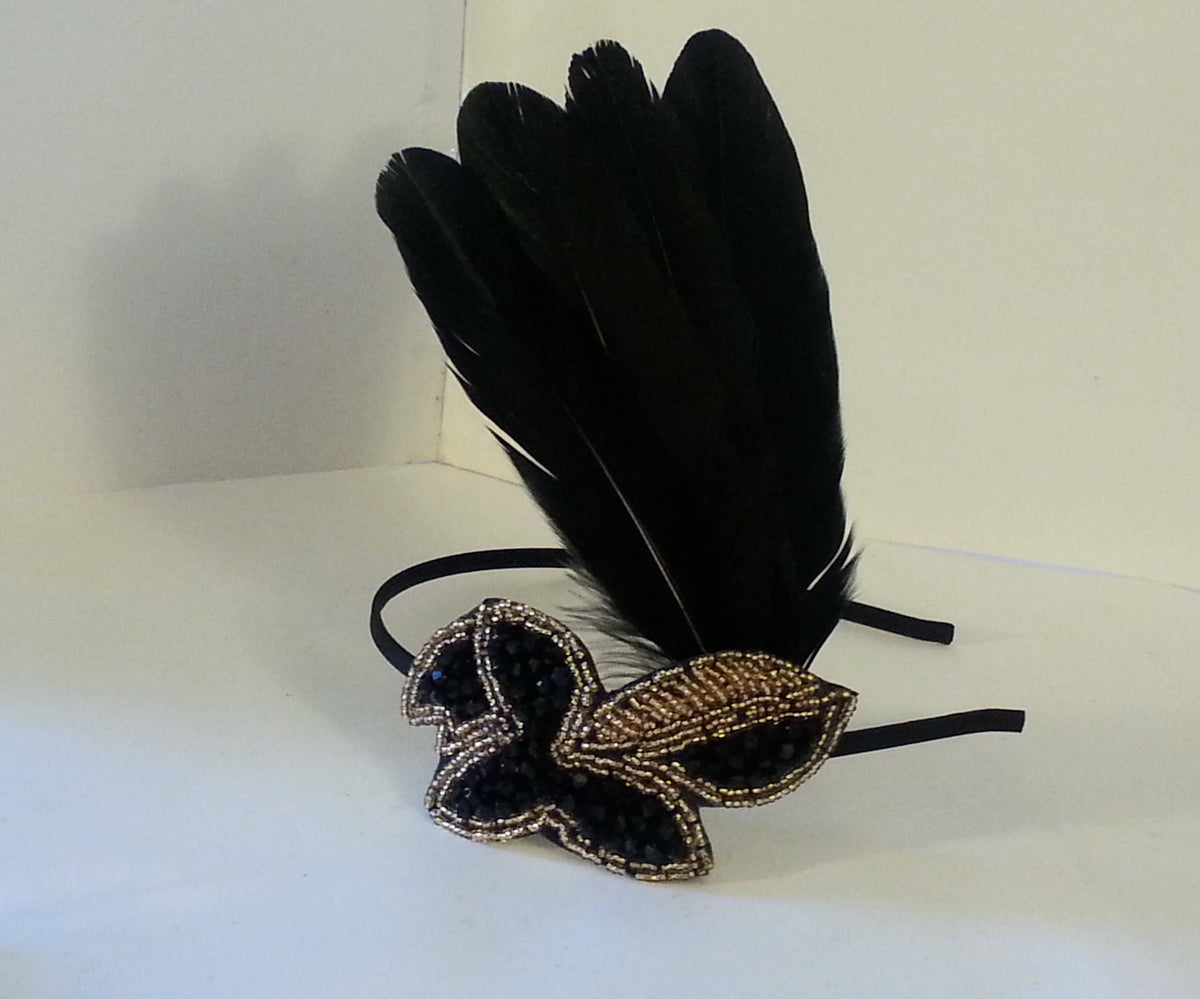 Gatsby Headband: Black Feather & Crystal 1920s Headpiece