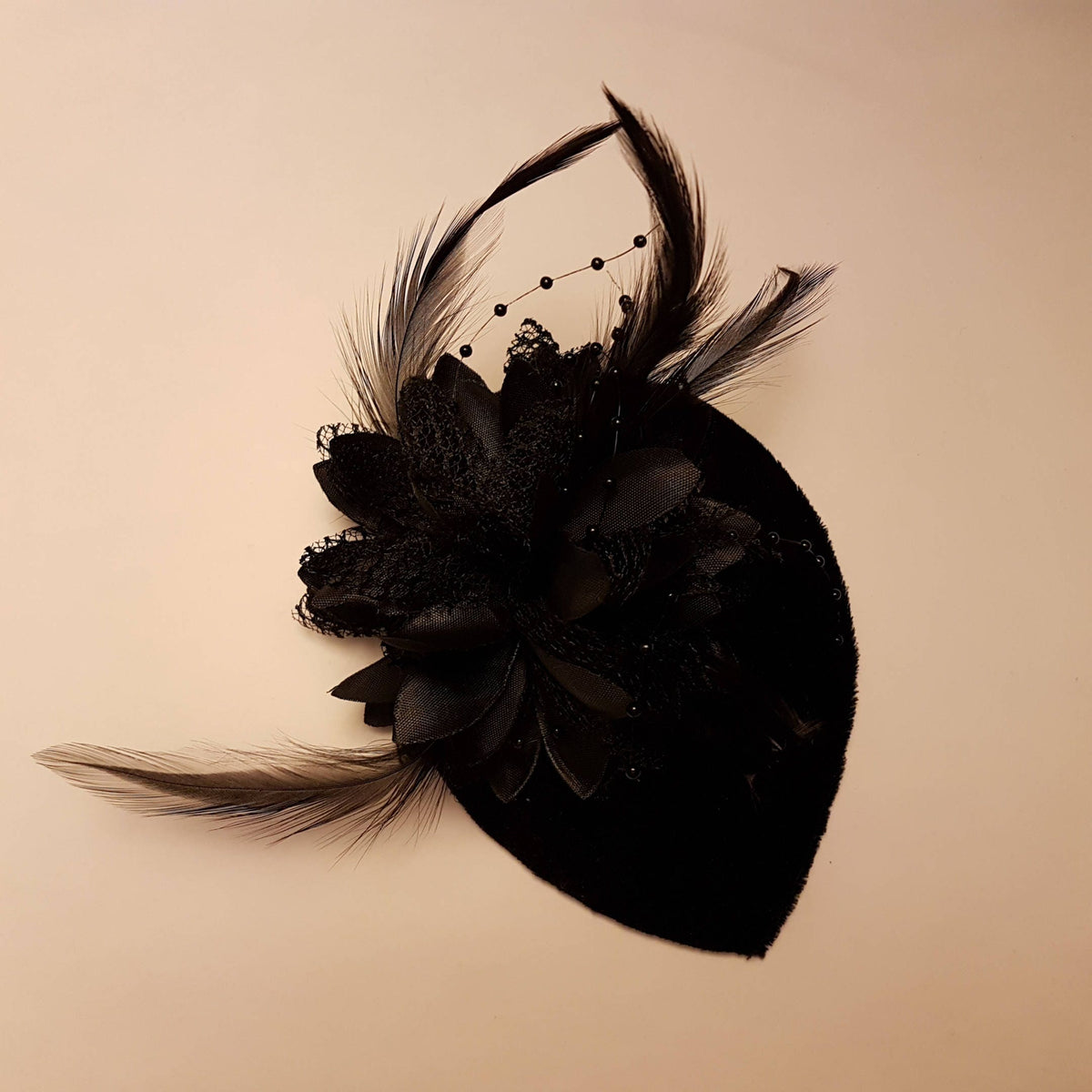 BLACK Velvet Small Teardrop Hat Fascinator. Floral Feather hat Red White Black Flower hat ladies party Cocktail Ascot Wedding fascinator