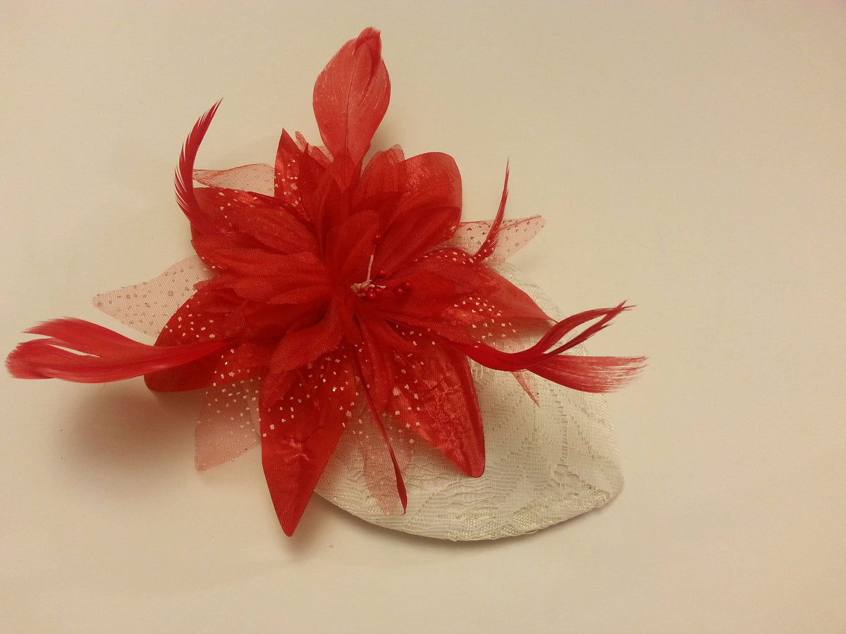 Lace Teardrop Fascinator Hat, Red Feather Flower, Wedding Headpiece
