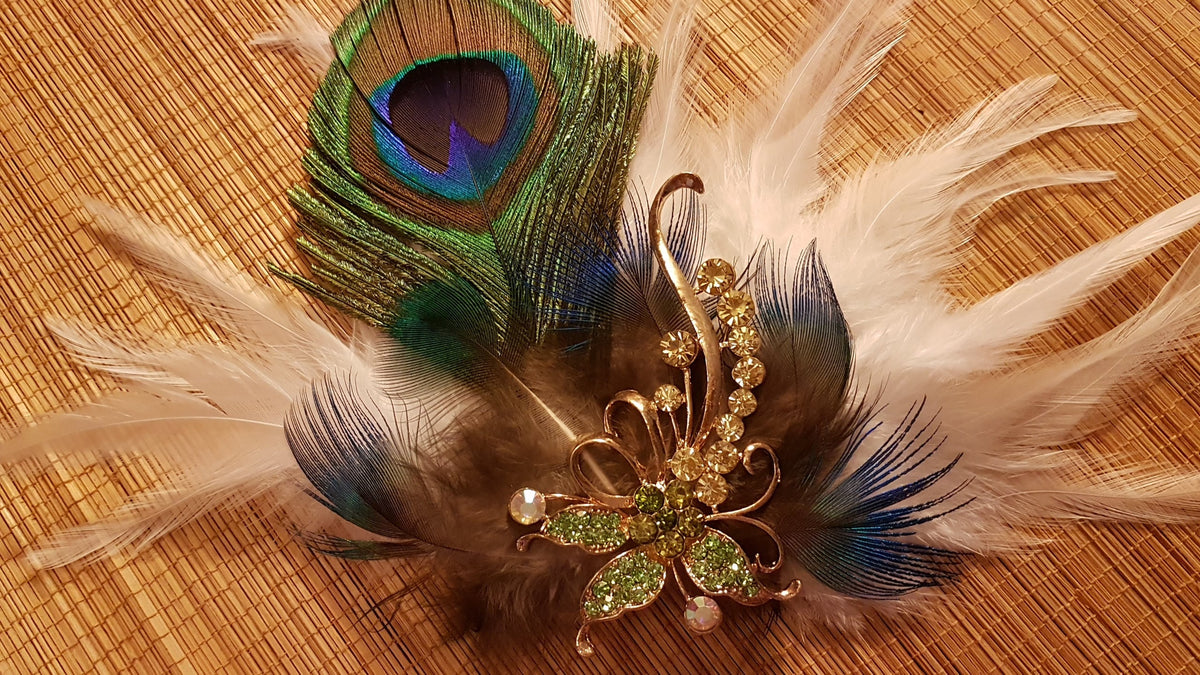 Bridal Peacock Feather Fascinator, Crystal Rhinestone Hair Clip