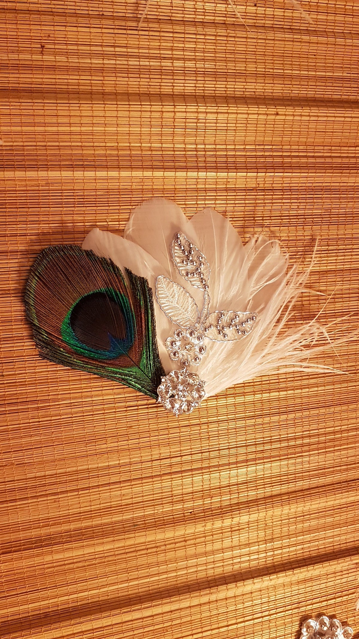 Peacock Feather Fascinator, Bridal Hair Clip with Silver Motif and Rhinestone Jewel