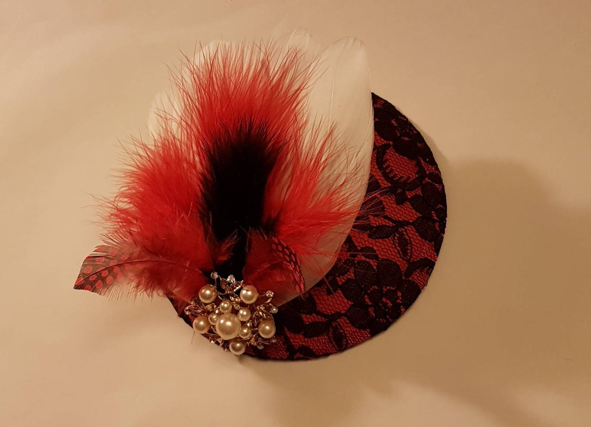 Red and Black Feather Fascinator, Wedding Headpiece, Cocktail Party Hat