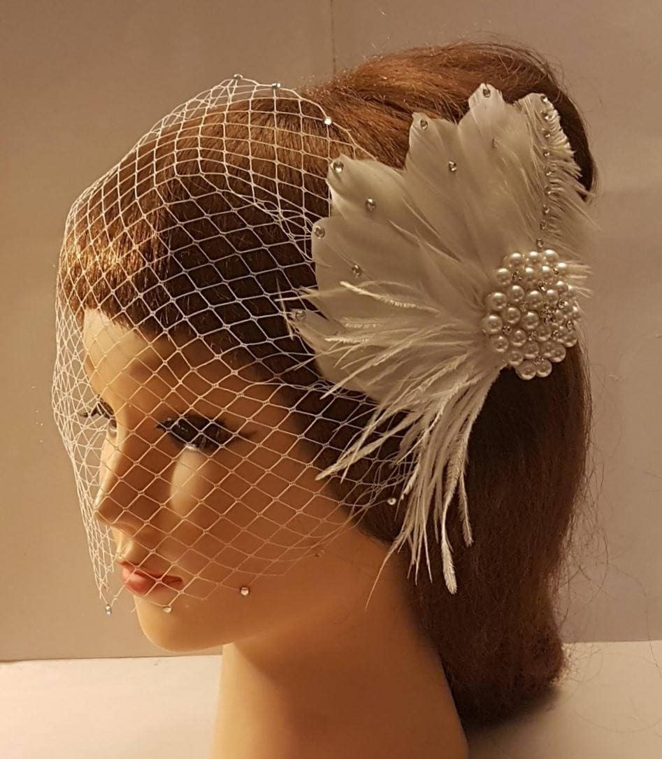 Gatsby feather hair clip and Bandeaue face veil