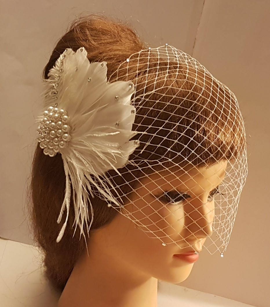 bridal birdcage veil with Feather fascinator