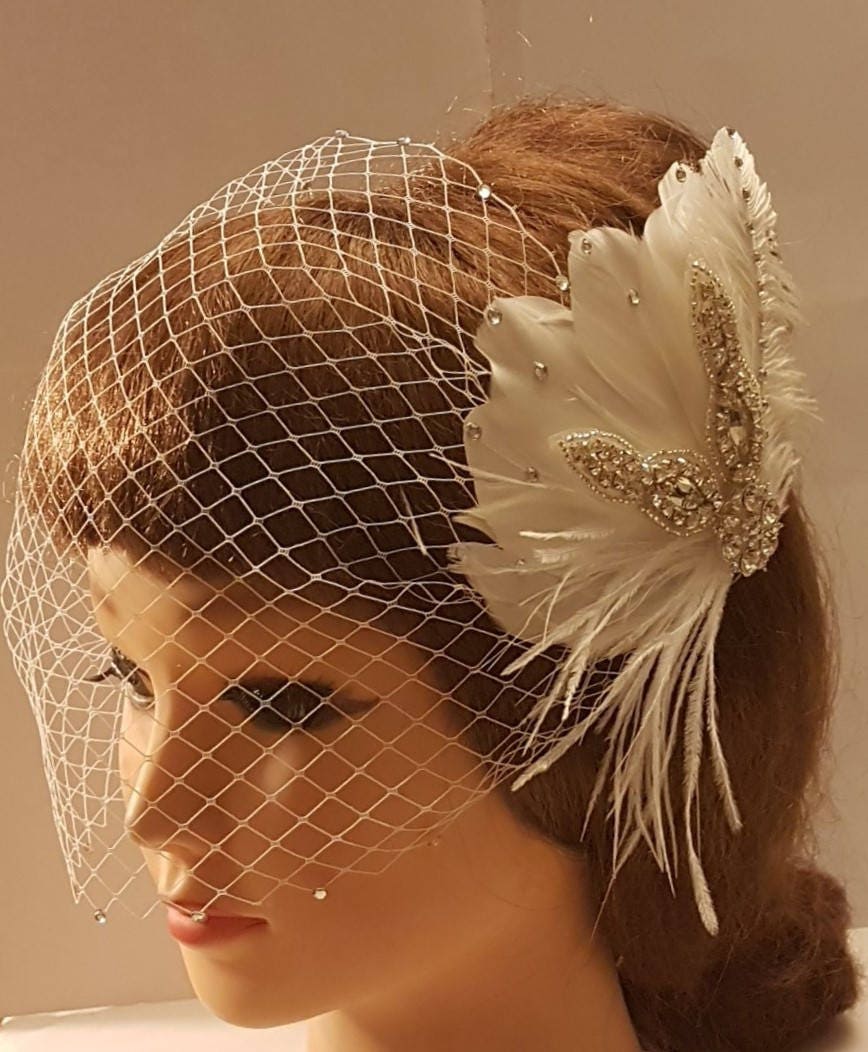 Birdcage veil, Bridal fascinator, Gatsby fascinator, 1920s wedding fascinator, White,Ivory 2 Pc Bridal feather fascinator & Birdcage veil