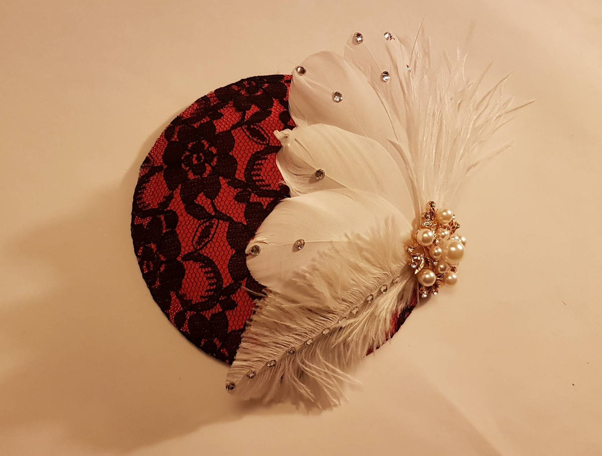Red & Black Feather Fascinator Hat, Pearl Rhinestone Headpiece