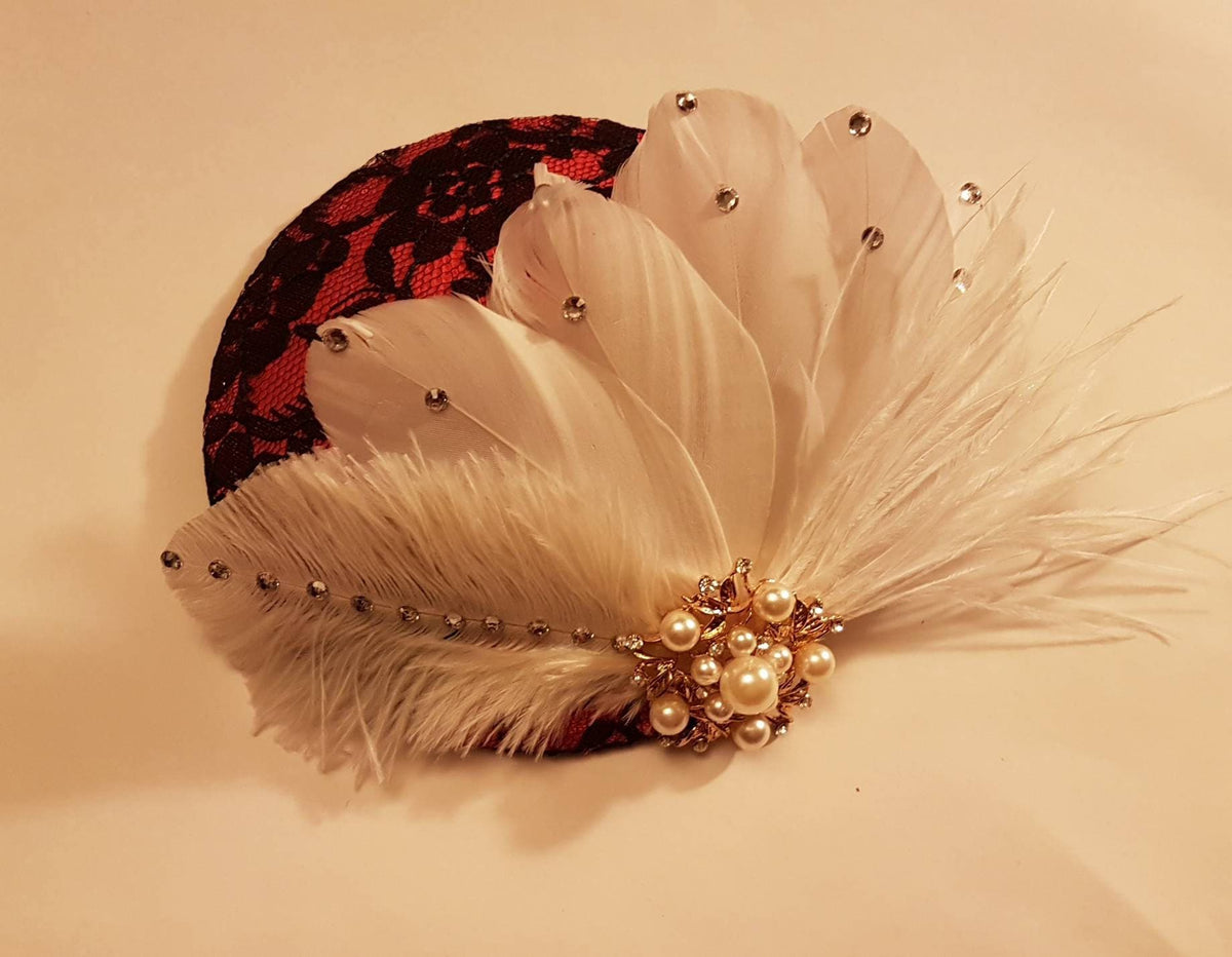 Red & Black Feather Fascinator Hat, Pearl Rhinestone Headpiece