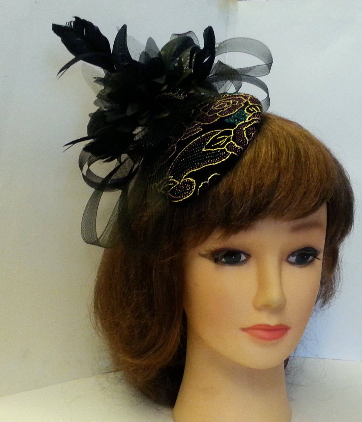 Black Fascinator hat Vintage 1940s-50s Fascinator hat Black foil print Velvet Tear drop hat flower fascinator Ascot Fascinator Cocktail HAT