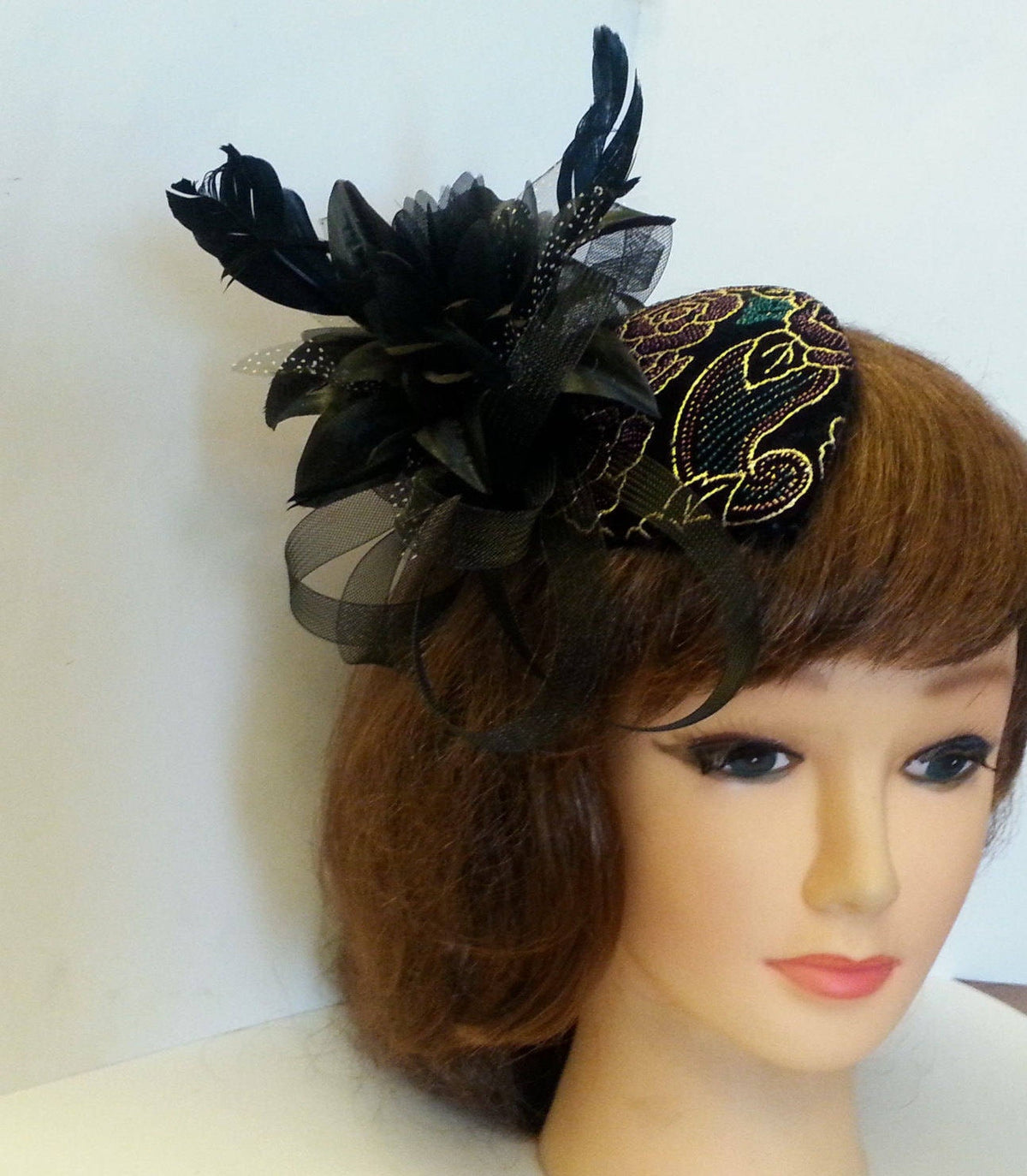 Black Fascinator hat Vintage 1940s-50s Fascinator hat Black foil print Velvet Tear drop hat flower fascinator Ascot Fascinator Cocktail HAT
