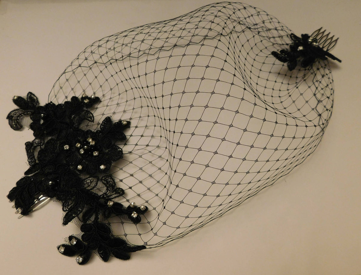 Black Birdcage Veil: Lace Flower Fascinator, Blusher Veil