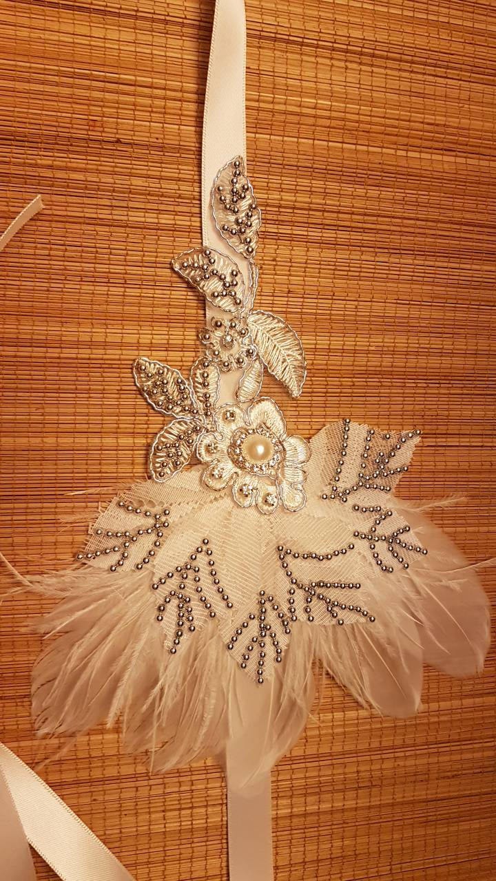 Silver and white feather headband