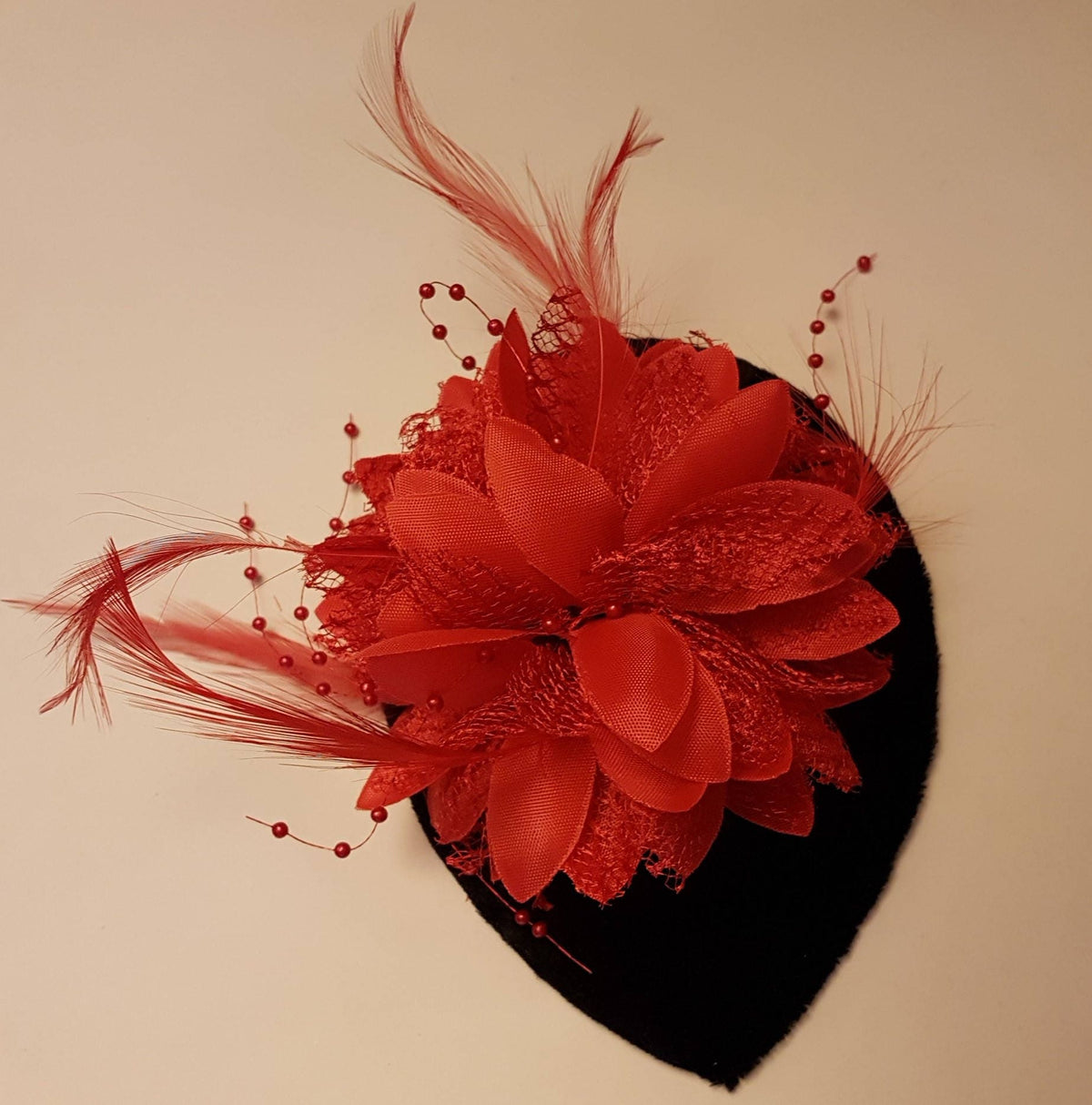 BLACK Velvet Small Teardrop Hat Fascinator. Floral Feather hat Red White Black Flower hat ladies party Cocktail Ascot Wedding fascinator