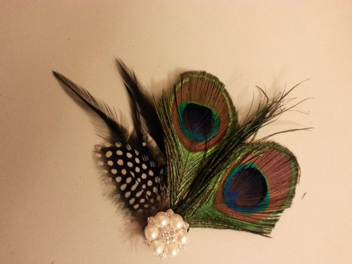 1920s Peacock Feather Fascinator, sparkly Crystal Pearl Brooch Blue Green hair Clip #Gatsby headpiece, #Bridal Bridesmaids fascinator clip