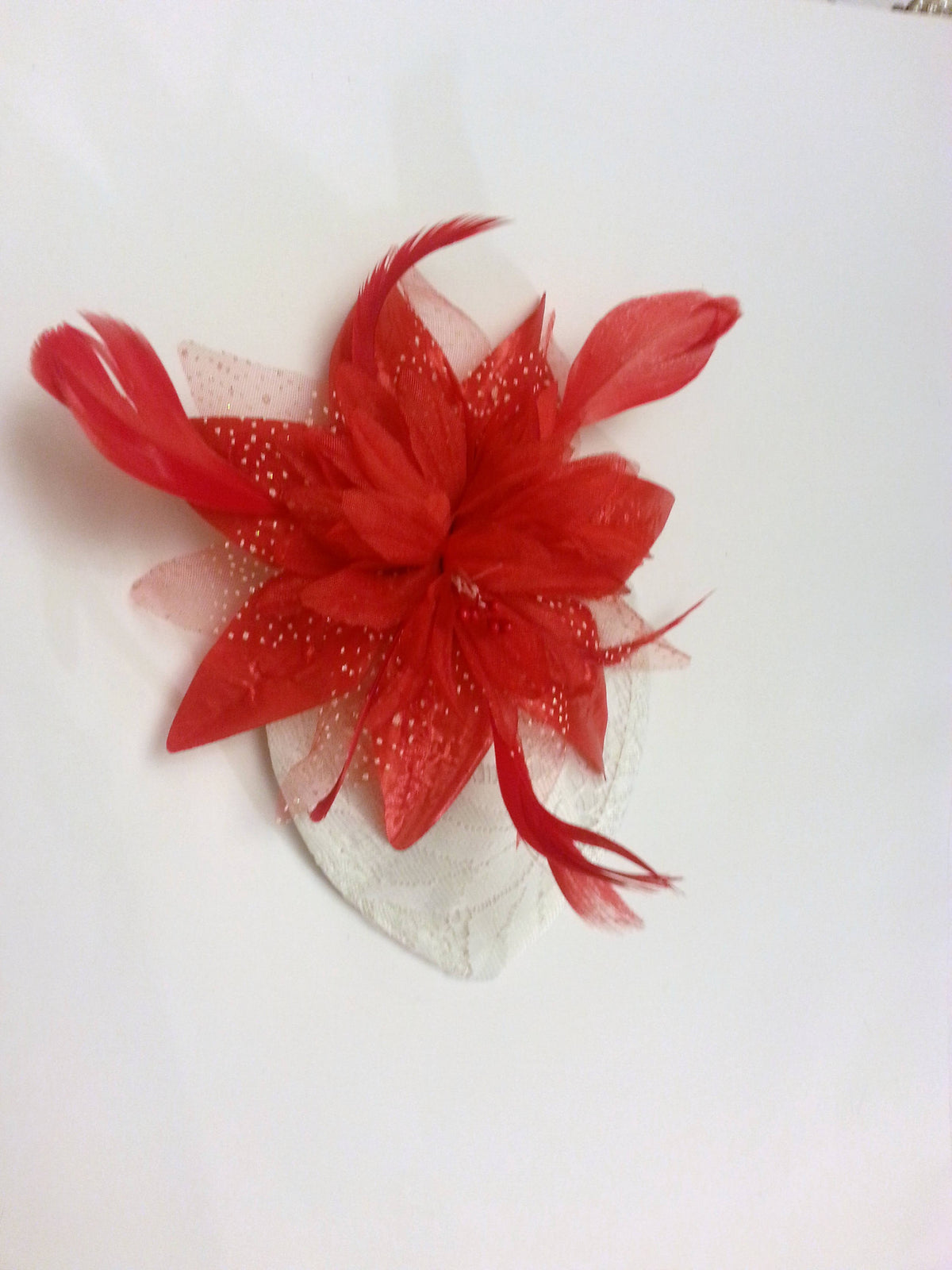 Lace Teardrop Fascinator Hat, Red Feather Flower, Wedding Headpiece