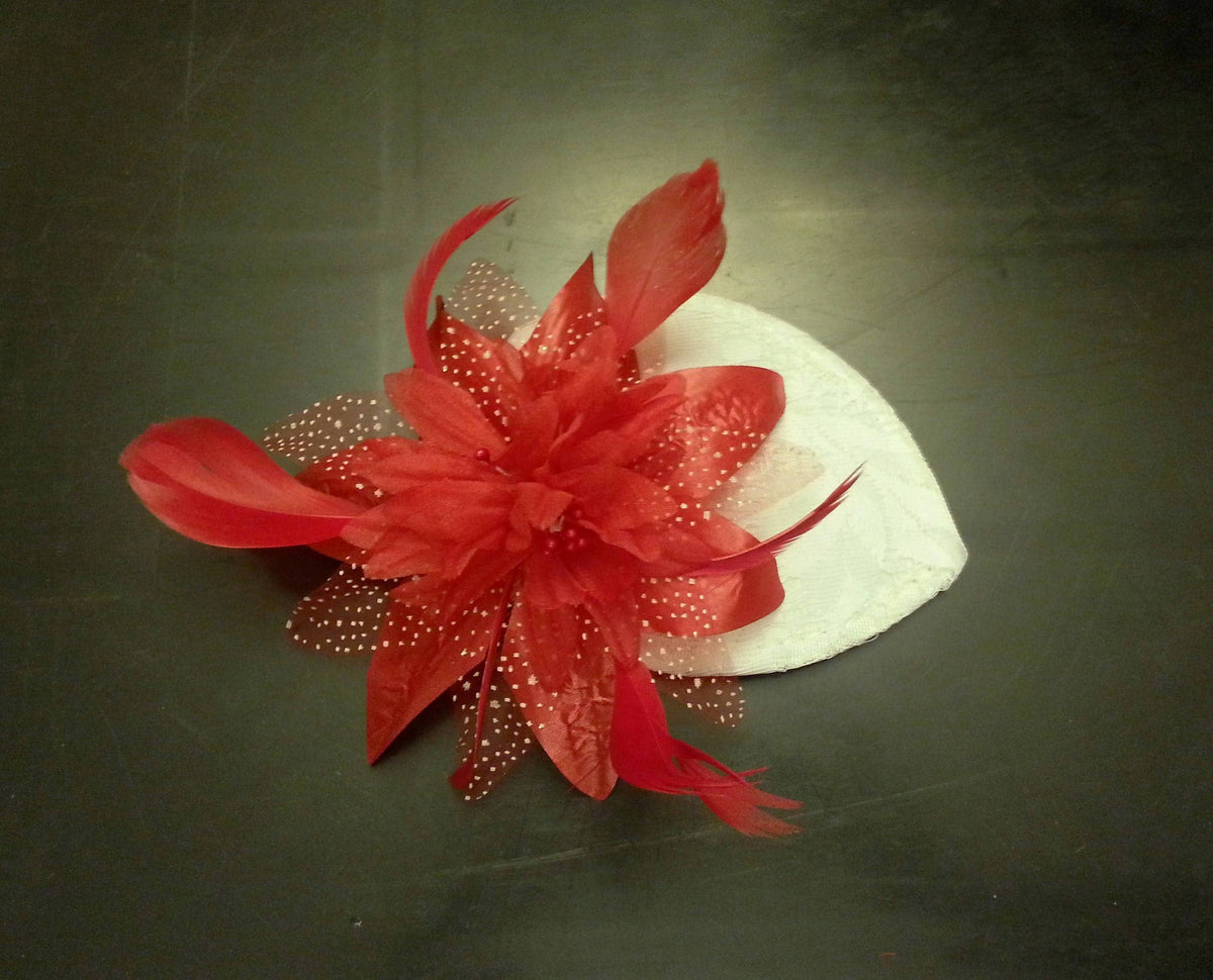 Lace Teardrop Fascinator Hat, Red Feather Flower, Wedding Headpiece